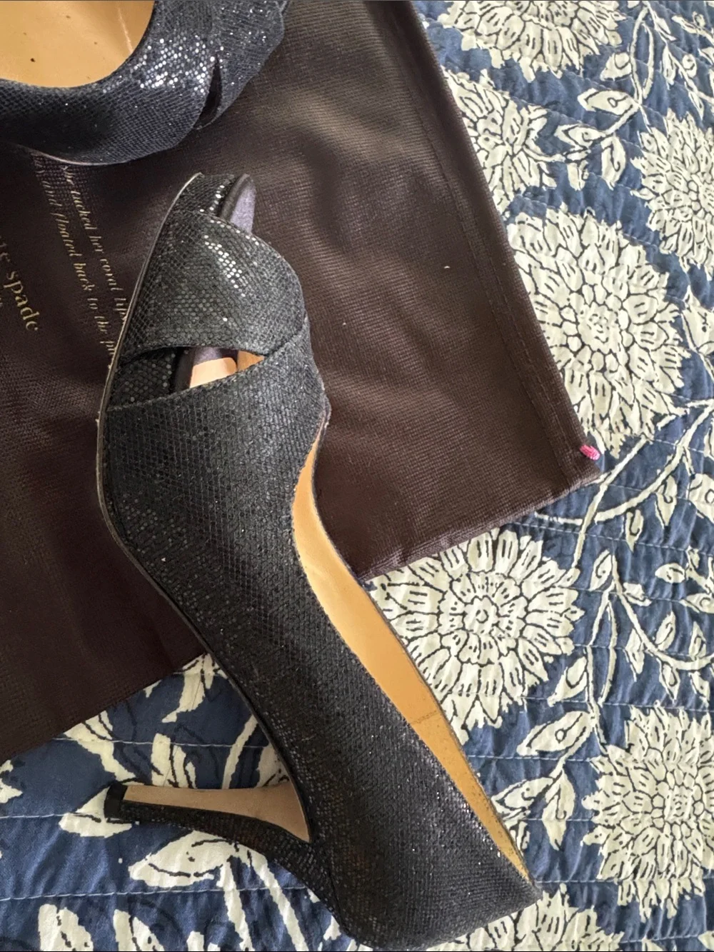 kate spade Black Glitter Peep-Toe Heels